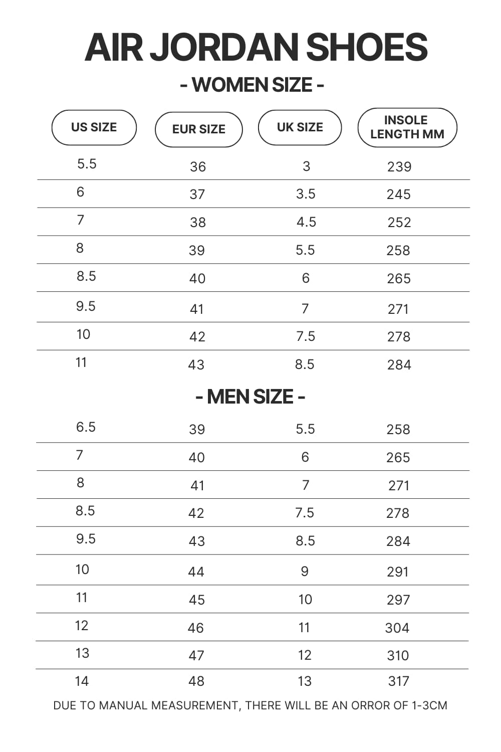 Air Jordan Shoes Size Chart - Attack On Titan EU Store