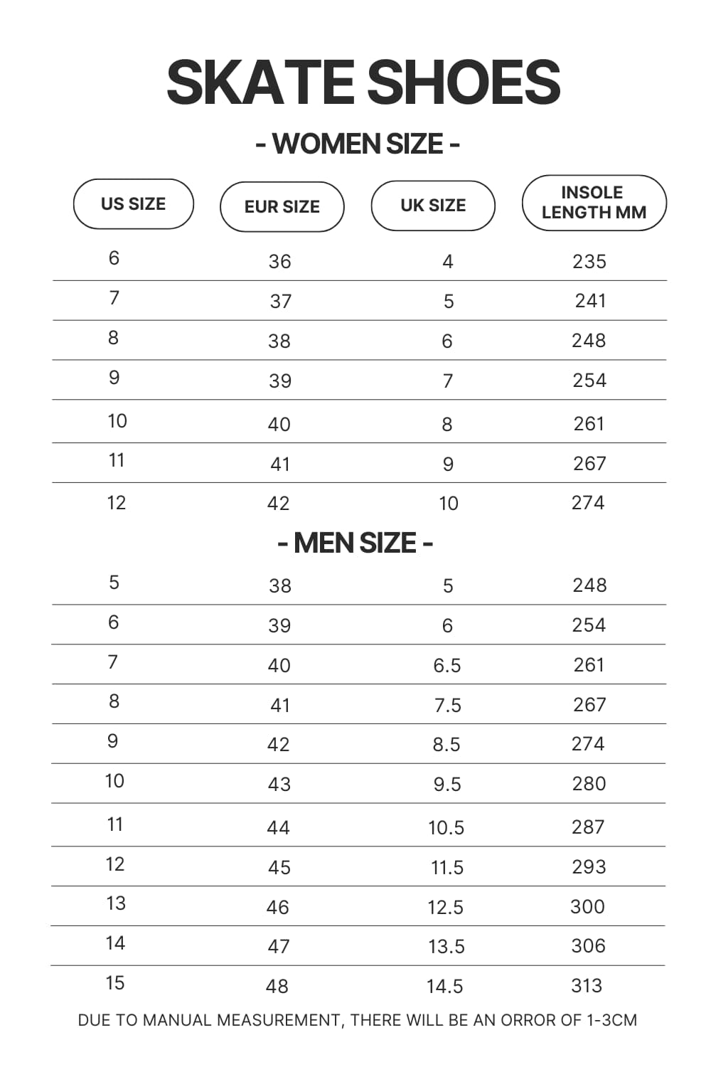 Skate Shoes Size Chart - Attack On Titan EU Store