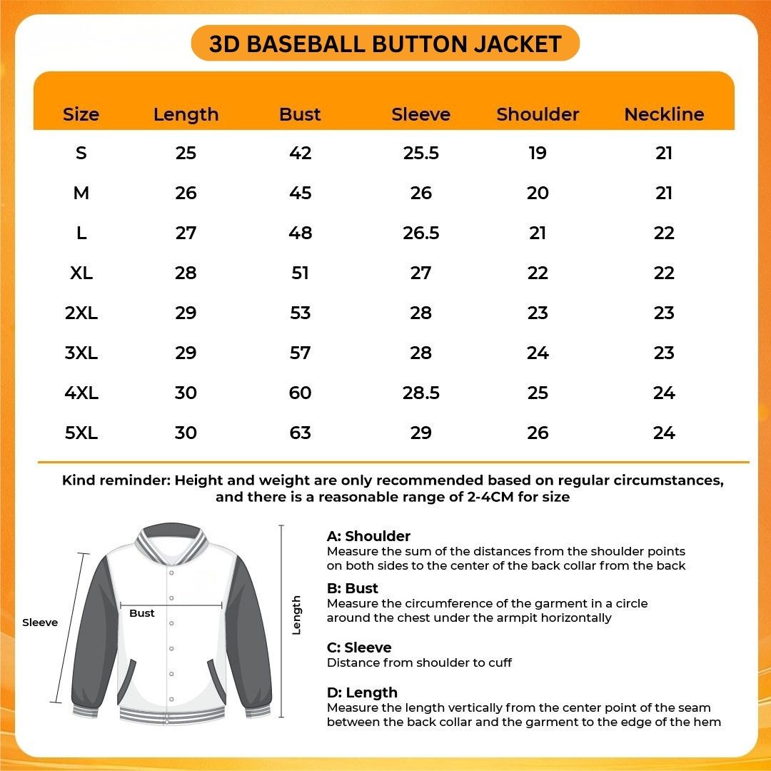3D Baseball Button Jacket Size Chart - Attack On Titan EU Store