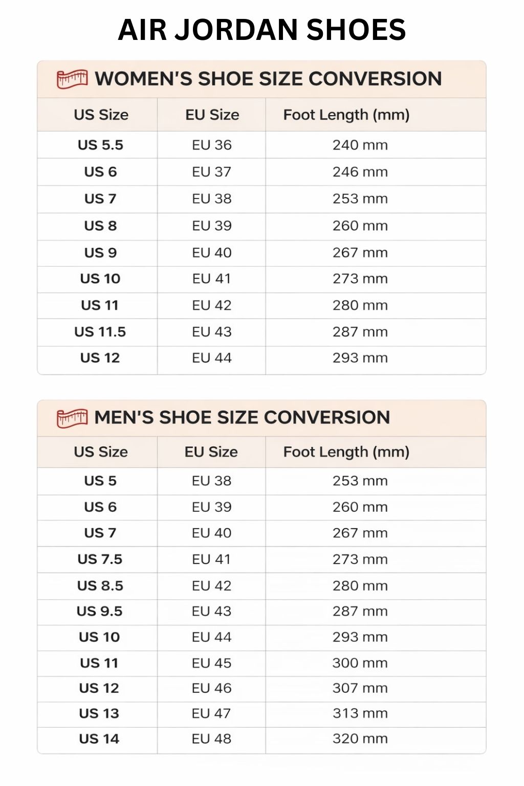 Air Jordan High Low Top Shoes Size Chart - Attack On Titan EU Store