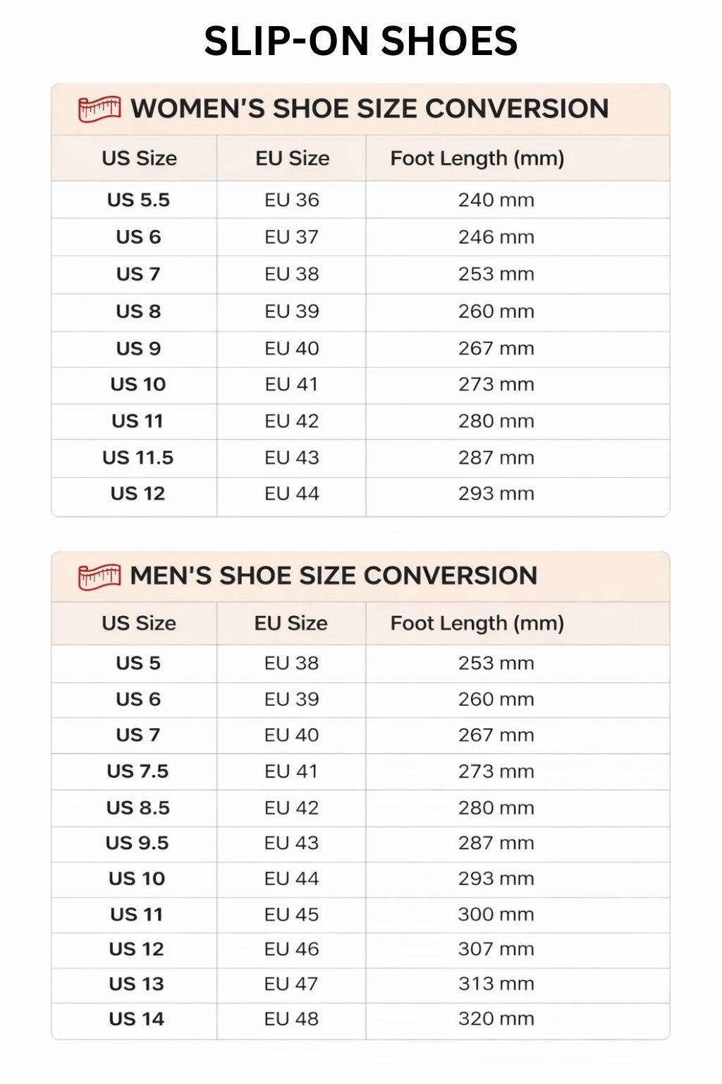 Slip On Shoes Size Chart - Attack On Titan EU Store